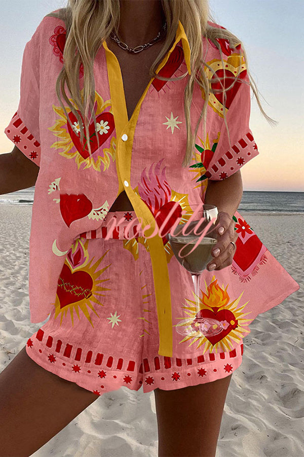Beach Heart Print Loose Button Elastic Waist Shorts Set