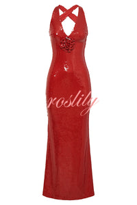 Sicilian Rose Sequin Three-dimensional Floral Sexy Backless Maxi Dress