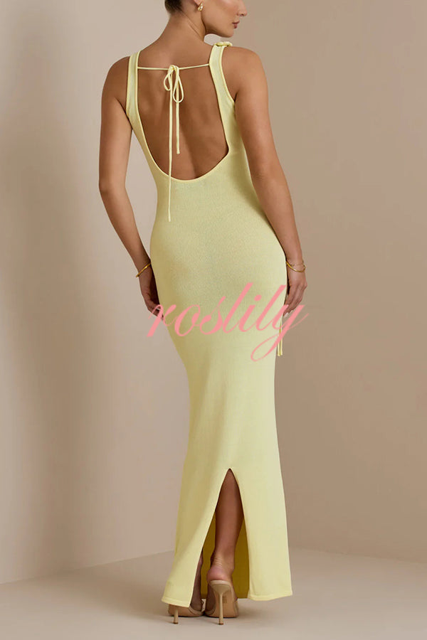 Charming Solid Color Knitted Floral Sexy Open Back Cover-up Maxi Dress