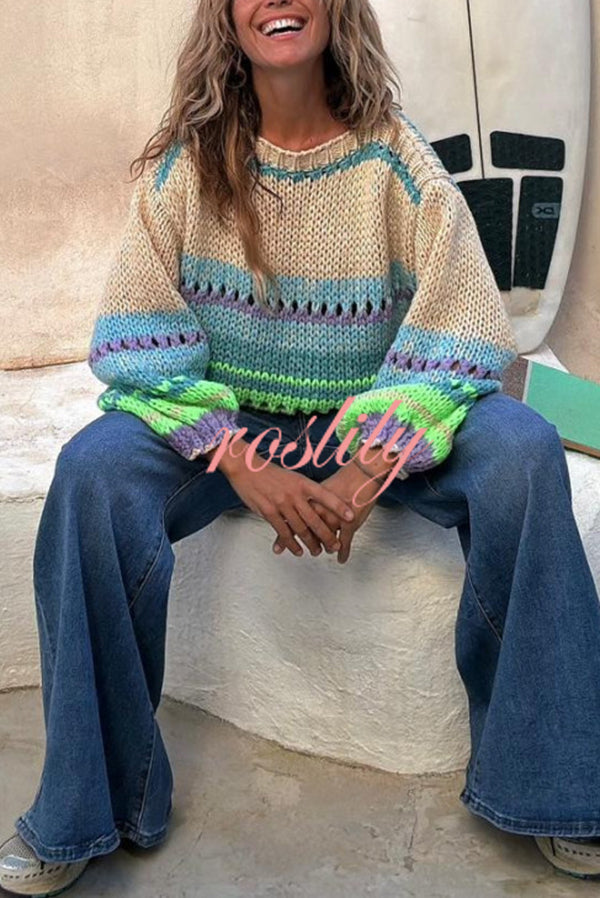 Rainbow Mood Multicolor Round Neck Hollow Long Sleeve Knitted Sweater