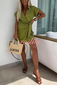 Relaxing Beach Linen Blend Solid Color Wrap Loose Shirt Romper