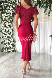 Dreamy Luxury Lace and Satin Patchwork Ruffle Sleeve Ruched Midi Dress