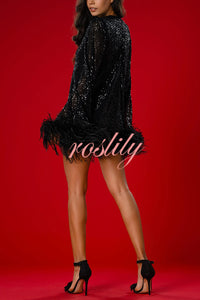 Solid Sequin Elegant Feather Long Sleeve Mini Dress