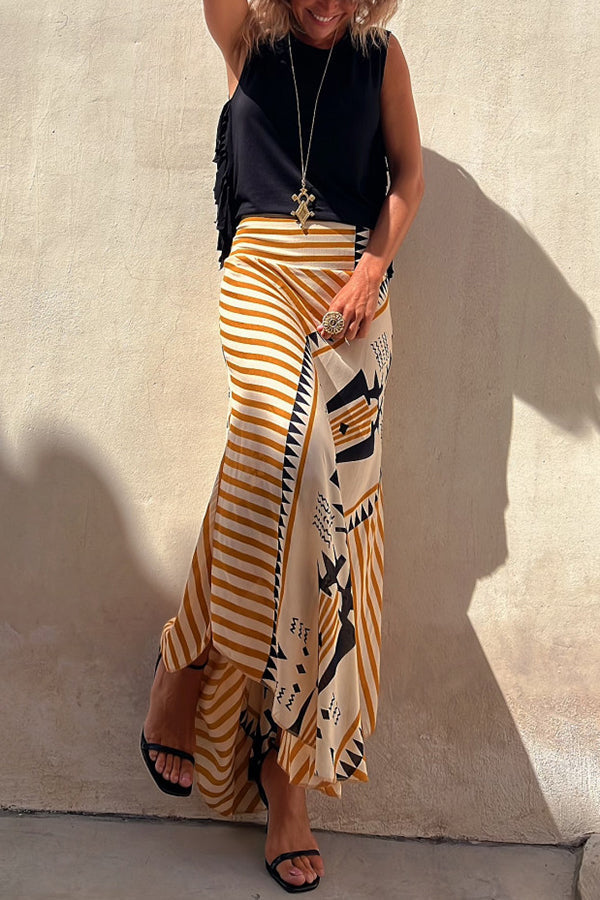 Eva Satin Geometric Print Elastic Waist Maxi Skirt