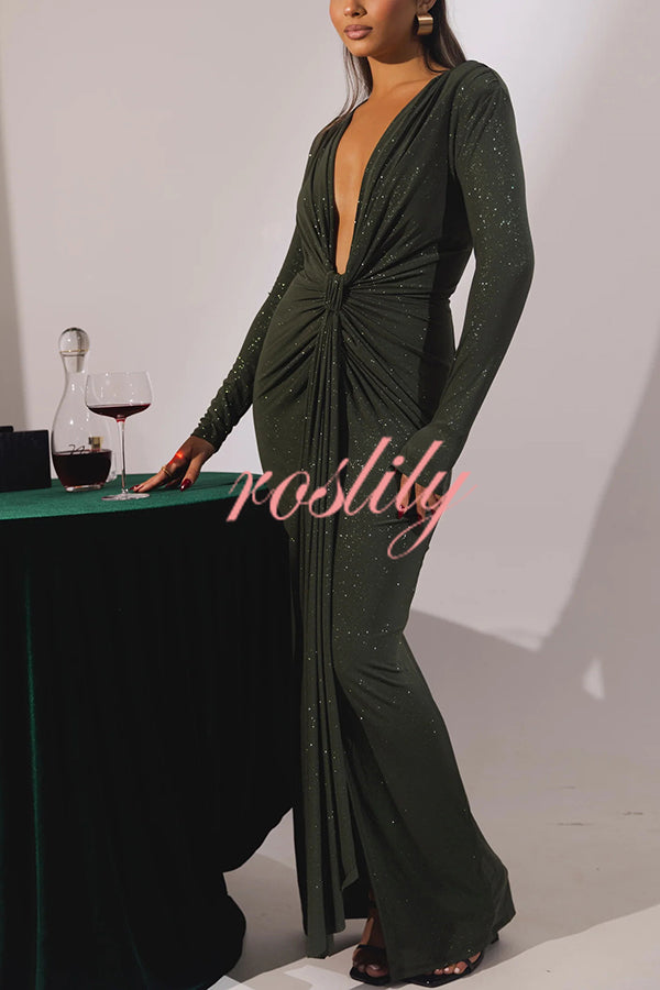 Solid Color Shiny Sexy V-neck Long Sleeve Ribbon Slit Slim Fit Maxi Dress