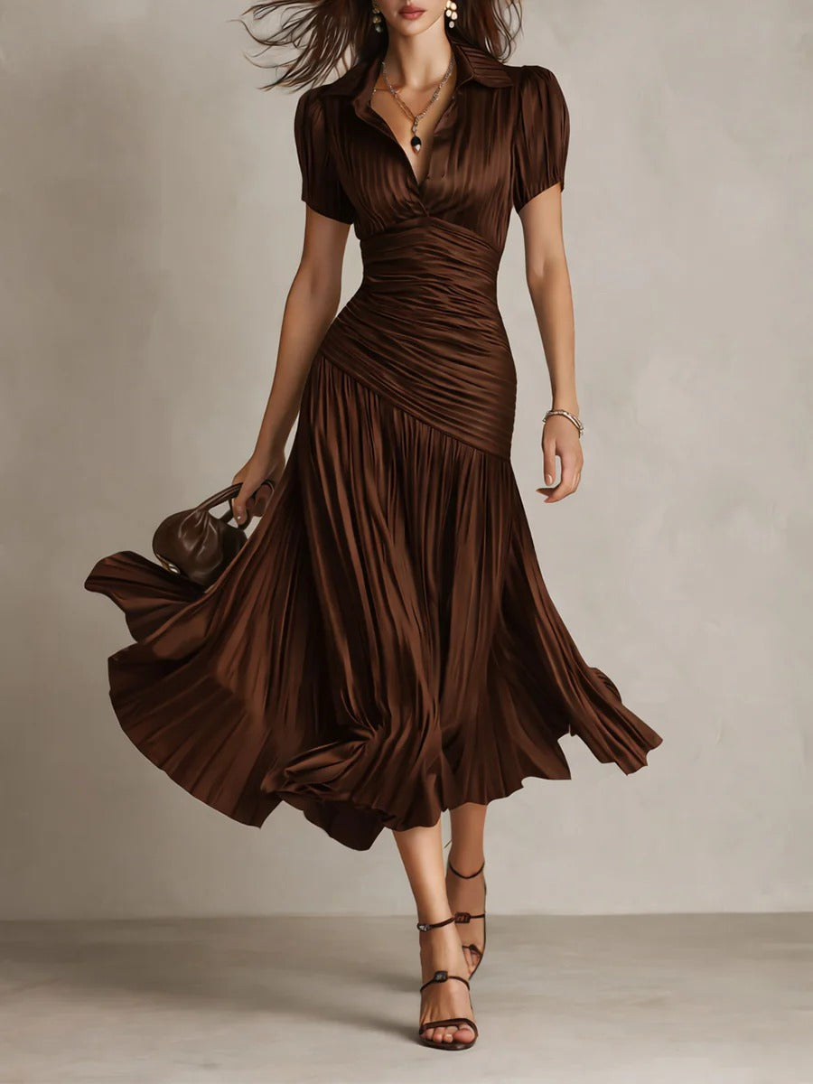 Retro Striped Satin Pleated Bodycon Midi Dress