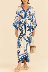 Chic Palm Tree Ethnic Print Fake Two Piece Lace Up Maxi Dress