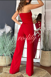 Solid Color Sexy Tube Top Gold Button Embellished Bootcut Jumpsuit