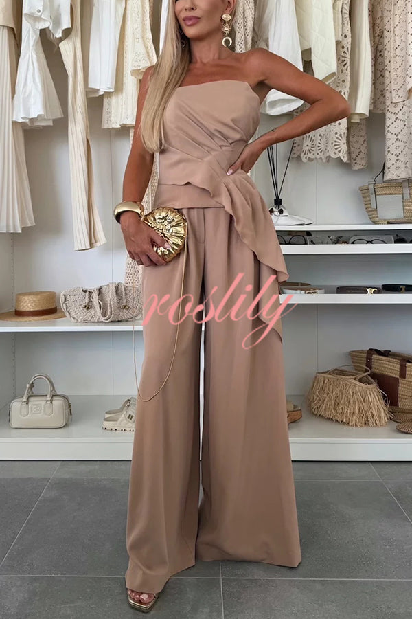 Elegant Solid Color Asymmetric Ruffles Bandeau Top and High Waist Wide Leg Pants Set