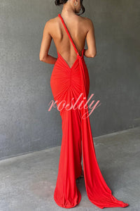 Sexy Backless Pleated Slim Solid Color Sleeveless Elegant Maxi Dress