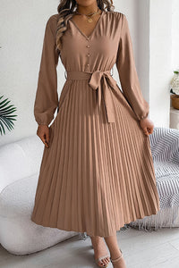 Solid Color Elegant V-neck Buttoned Lace-up Pleated Maxi Dress