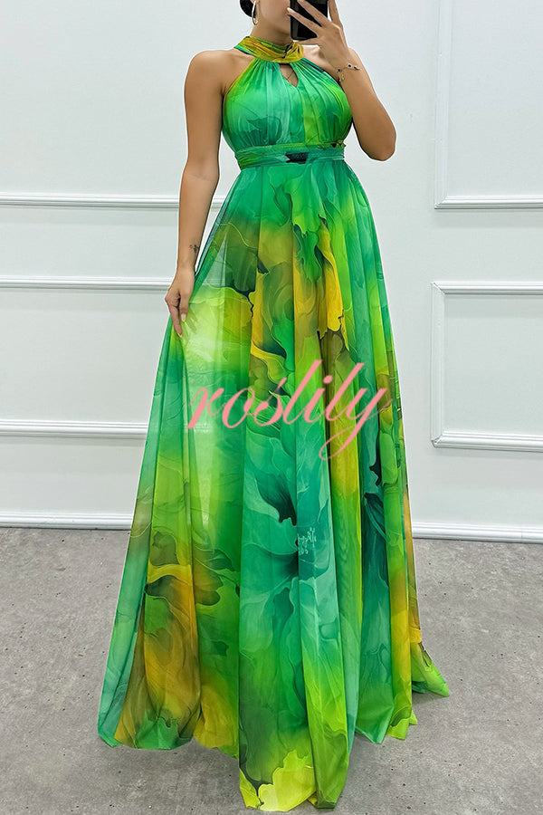 Elaine Tulle Floral Splash Print Cutout Halter Tie-up Neck Gown Maxi Dress