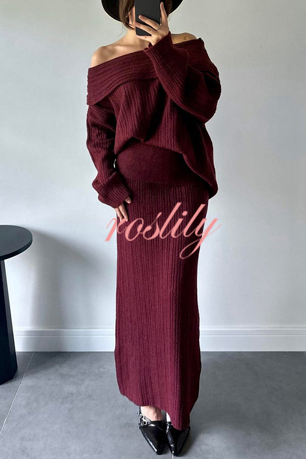 Luka Ribbed Knit Off Shoulder Long Sleeve Sweater and Stretch Maxi Skirt Set