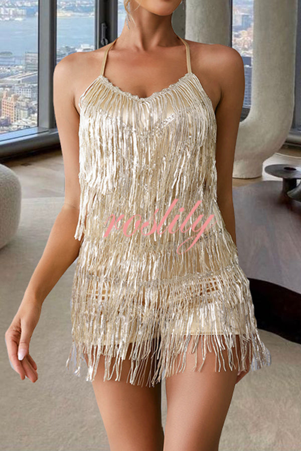 Shiny Sexy Halterneck Backless Lace-up Fringed Sequin Rompers