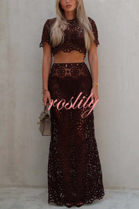 Ocean Breeze Crochet Lace Floral Pattern Elastic Waist Fishtail Vacation Maxi Skirt