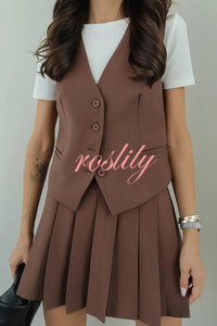 Solid Color Sleeveless Buttoned Vest and High-waisted Pleated Mini Skirt Set