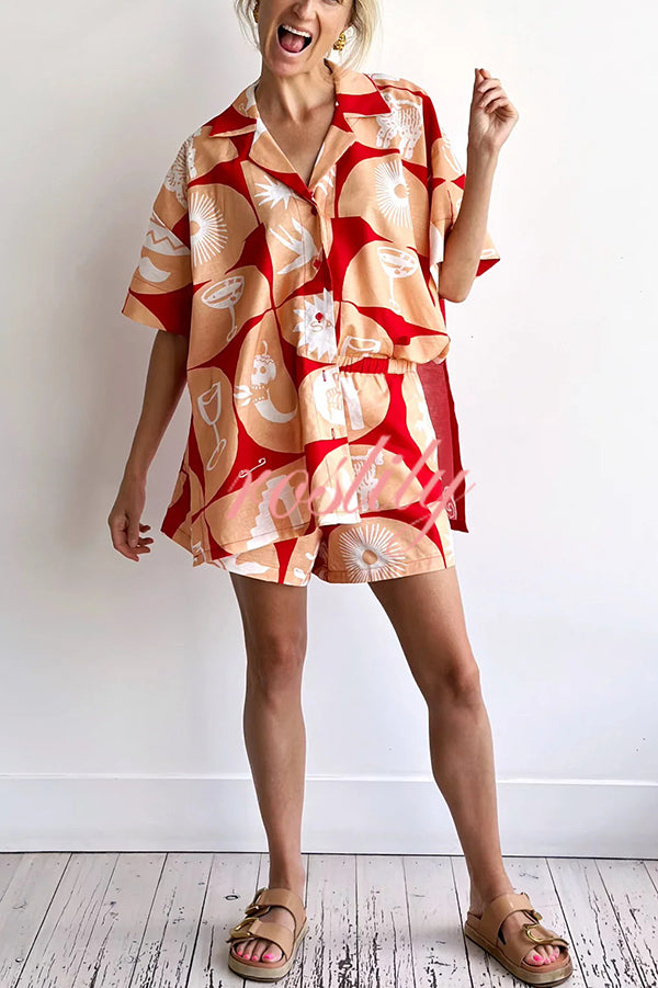 Linen Blend Unique Printed Shirt Top and Elastic Waisted Loose Pocket Shorts Set