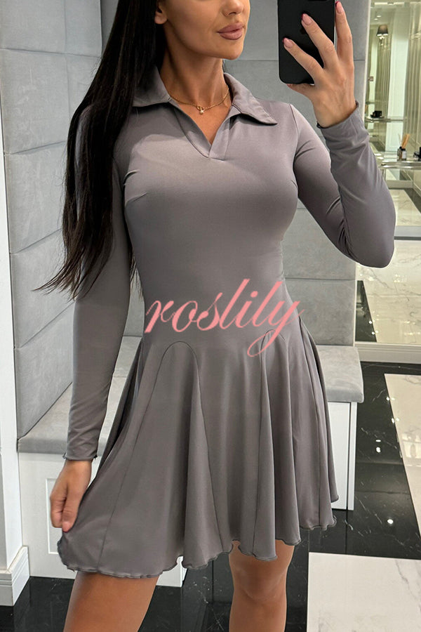 Solid Color Lapel Long Sleeve Slim Fit Waist Mini Dress