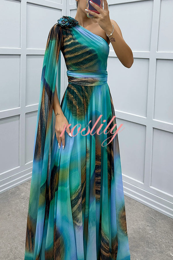 Lucia Unique Print Floral Detail One Shoulder Draped Sleeve Gown Maxi Dress