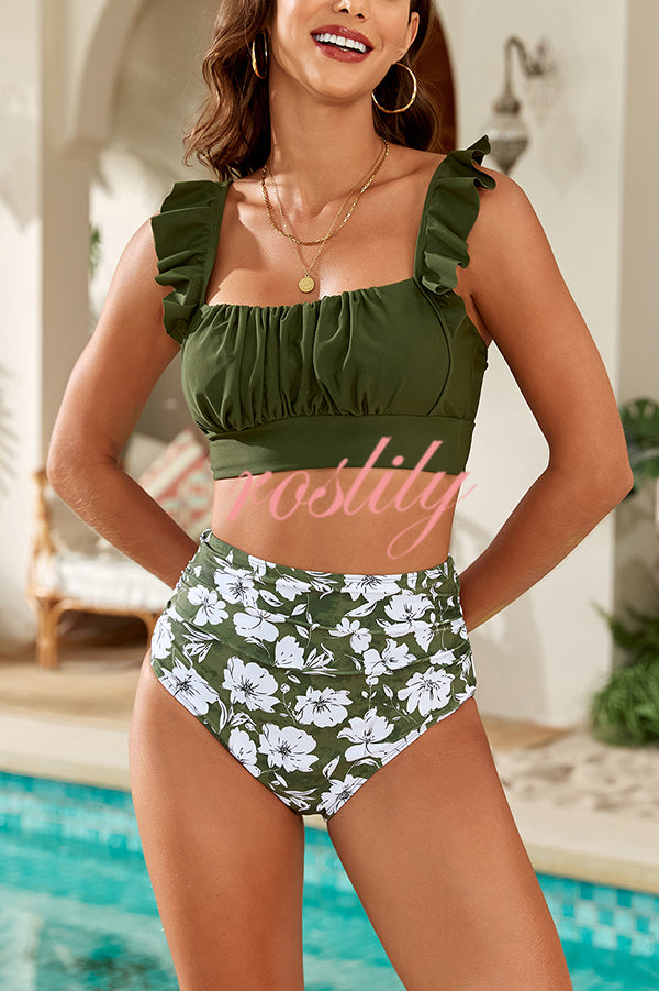 Botanical Print Ruffled Two-piece Stretch Bikini Swimsuit