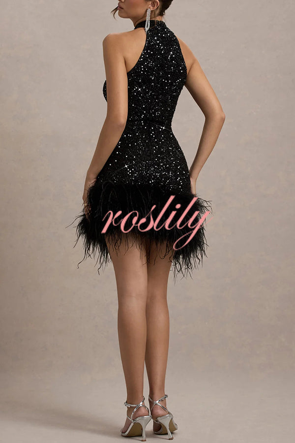 Dazzling and Playful Sequin High Neck Feather Trim Stretch Mini Dress