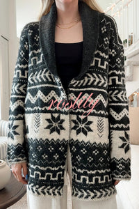 Winter Snowflake Waist Tie Lapel Midi Pocket Knit Cardigan