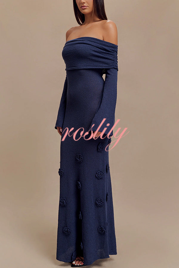 Timeless Sophistication Knit Off Shoulder Rose Detail Stretch Maxi Dress