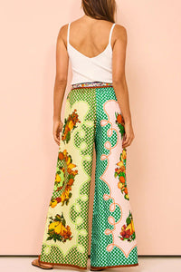 Enjoy Summer Lemon Satin Unique Print Elastic Waist Pocketed Wide Leg Pants