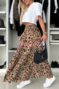 Unique and Comfortable Leopard Print Elastic Waist A-line Layered Maxi Skirt