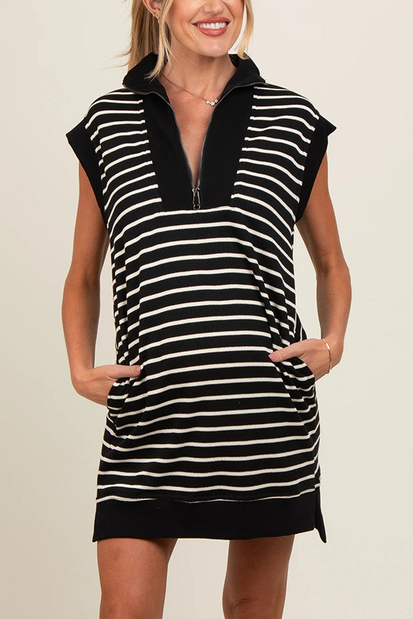 Striped Print Zipper Lapel Sleeveless Casual Mini Dress