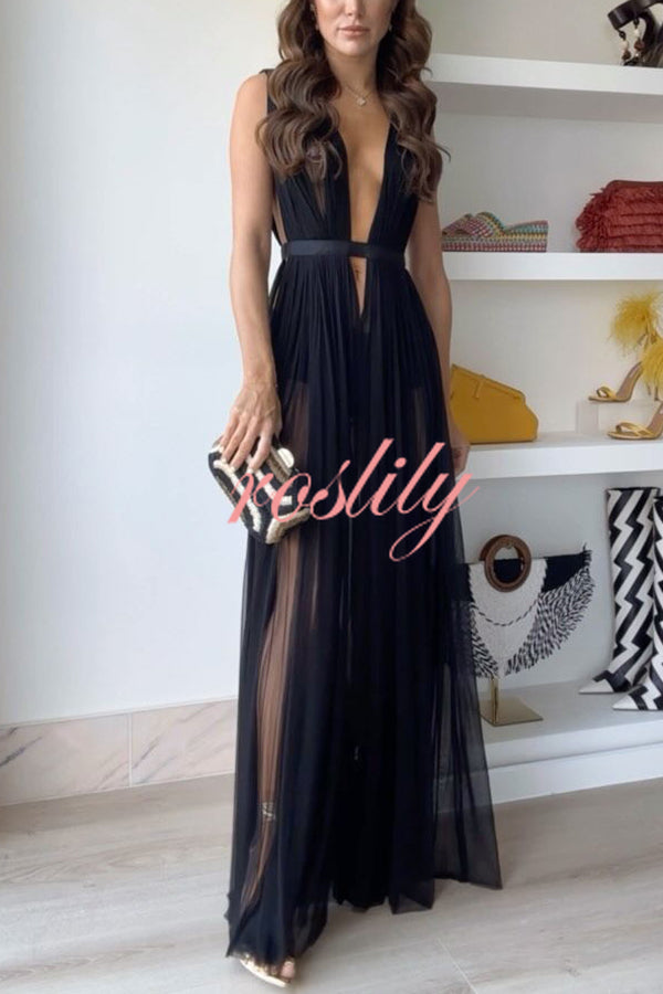 Sexy Muse Semi-sheer Tulle Fabric Fixed Back Tie-up Maxi Dress