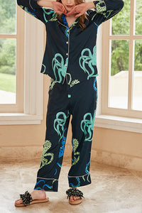 Black Octopus Print Home Long-sleeved Two-piece Set