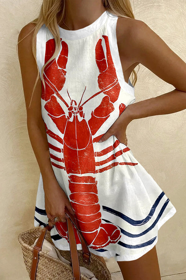 Vintage Lobster Print Sleeveless Resort Mini Dress