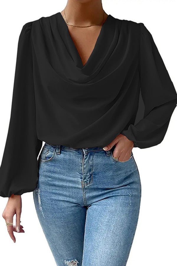 Simple and Beautiful Satin Cowl Drape Neck Long Sleeved Shirt