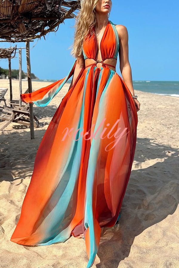 Variety of Styles Tulle Printed Ring Hollow Design Slit Vacation Maxi Dress