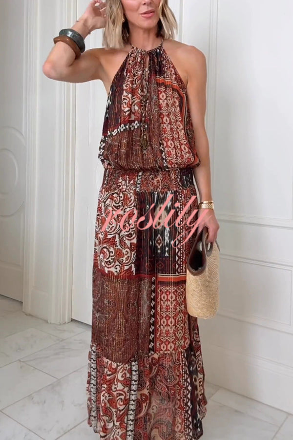 Ethnic Boho Colorblock Print Elastic Waist Resort Style Maxi Dress