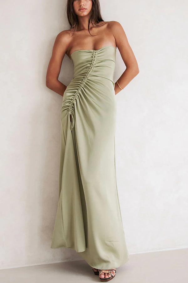 Sexy Off-shoulder Asymmetric Pleated Side Slit Maxi Dress