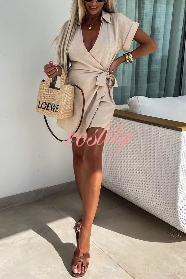 Relaxing Beach Linen Blend Solid Color Wrap Loose Shirt Romper