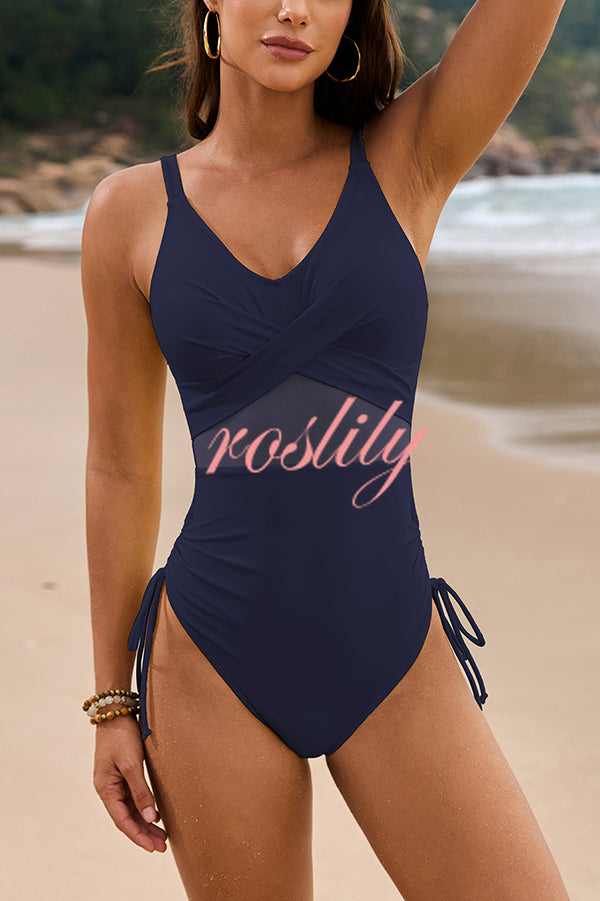 Solid Color Drawstring Waist Mesh One-Piece Swimsuit