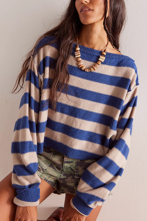 Striped Print Crew Neck Long Sleeve Loose Knitted Sweater