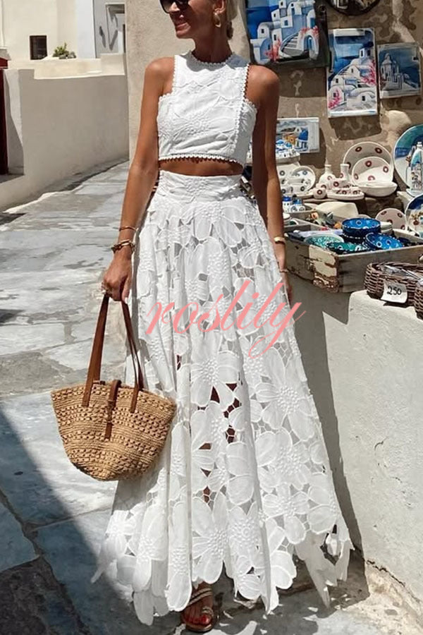 Next Trip Floral Embroidery Crochet Lace Crop Tank Top and Elastic Waist Pocket Maxi Skirt Set