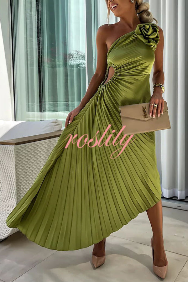 Romantic Nights Satin Raised Flower Elastic Cutout One Shoulder Pleated Maxi Dress