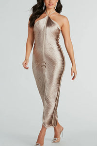 Sexy Allnight Metallic Halterneck Backless Fringed Slit Maxi Dress