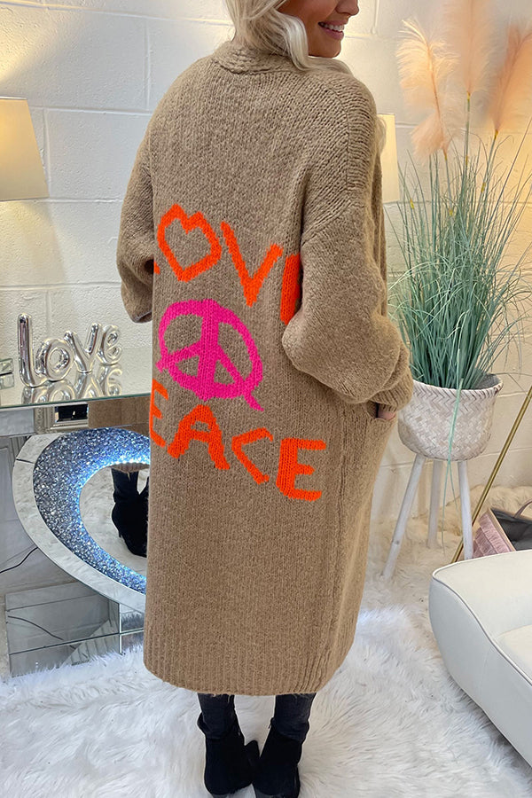 Neon Love Peace Chunky Knit Pocket Straight Midi Cardigan