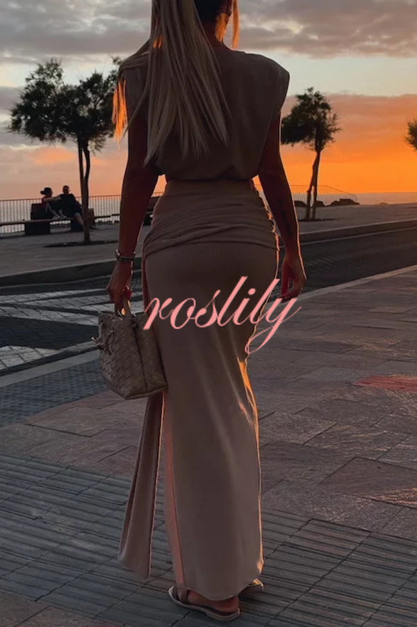 Comfortable Stylish Round Neck Sleeveless Casual Top and Elastic Waist Ruched Tie Slit Midi Skirt Set