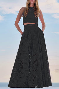 Paris Dreaming Embroidered Lace High Rise Elastic Waist Pocketed Maxi Skirt