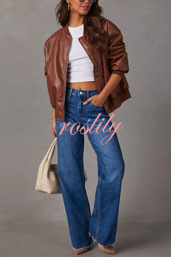 Solid Color Long Sleeve Loose Pocket Leather Jacket