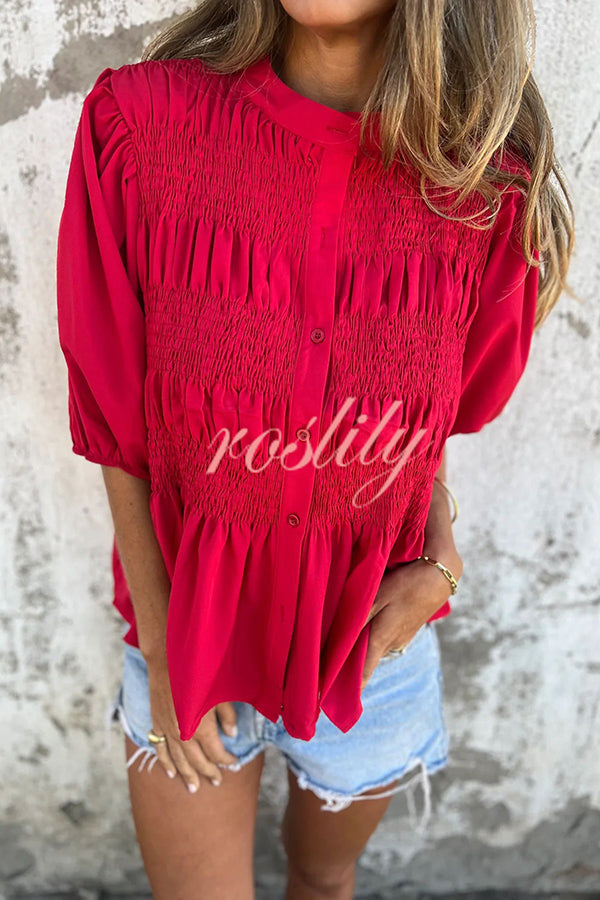 Solid Color Round Neck Button Pleated Short Sleeve Casual Shirt