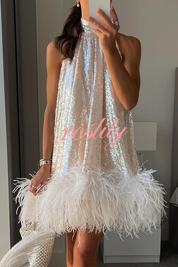 Dancefloor Elf Sequin Feather Trim High Neck A-line Mini Dress