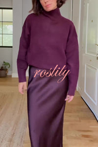 Jaelyn Solid Color Turtleneck Long Sleeve Sweater and Satin Elastic Waist Maxi Skirt Set